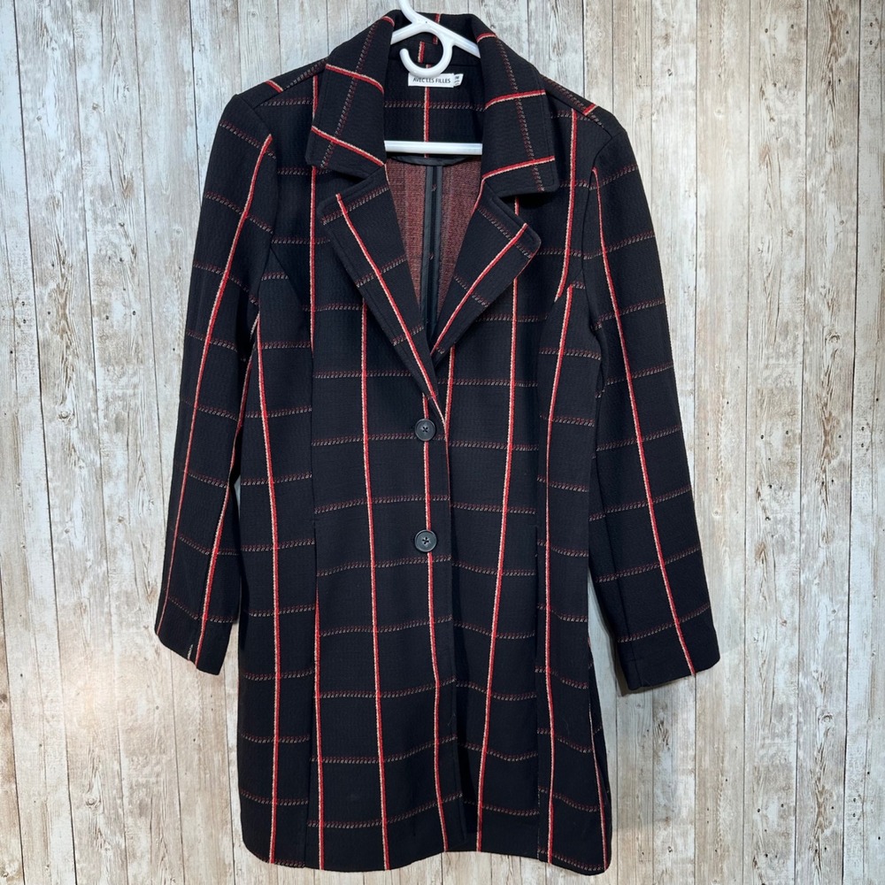 Avec Les Filles Singred‎ Plaid Blazer Black Red Tan Lightweight Knit Womens PM